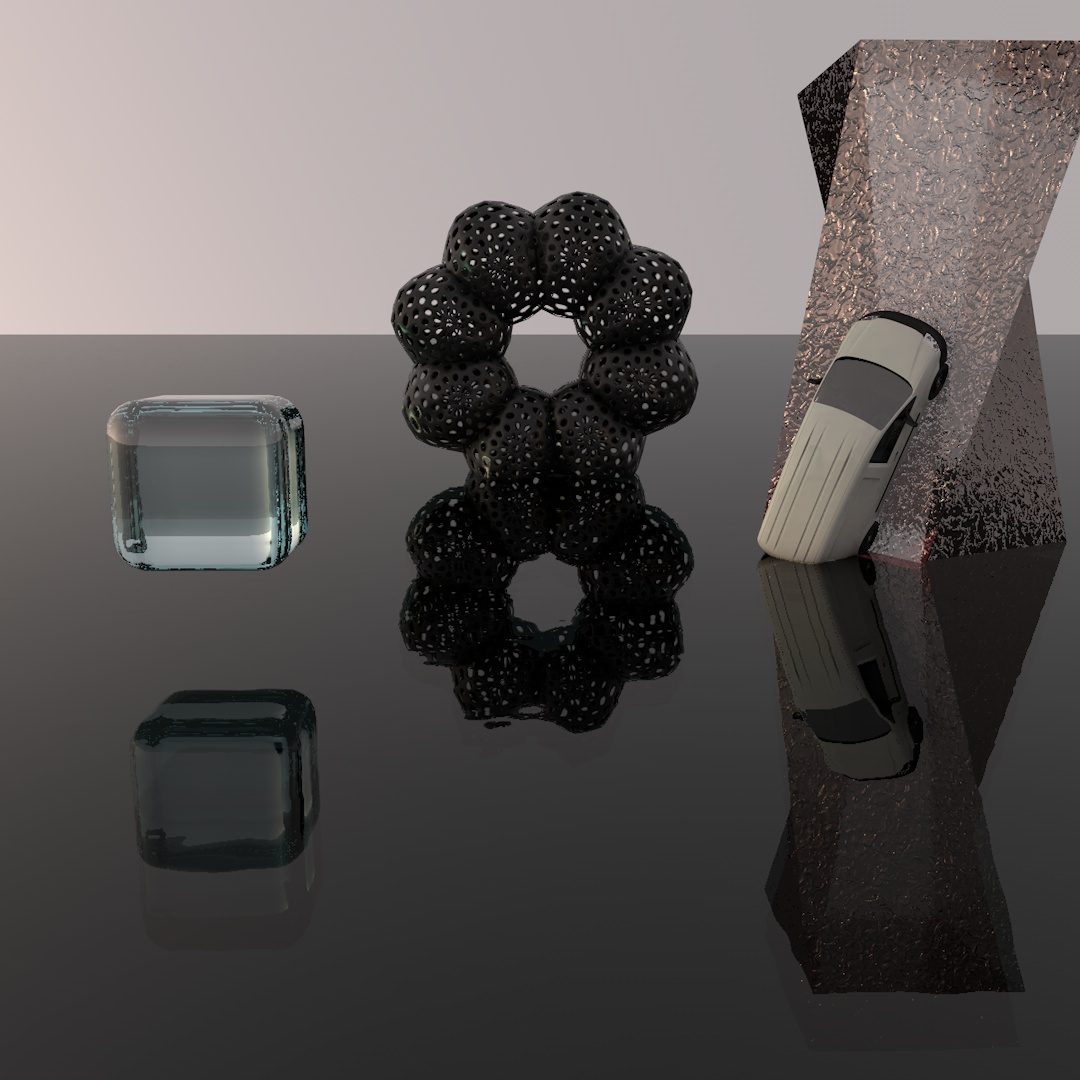3D render: glass cube and lattice spheres