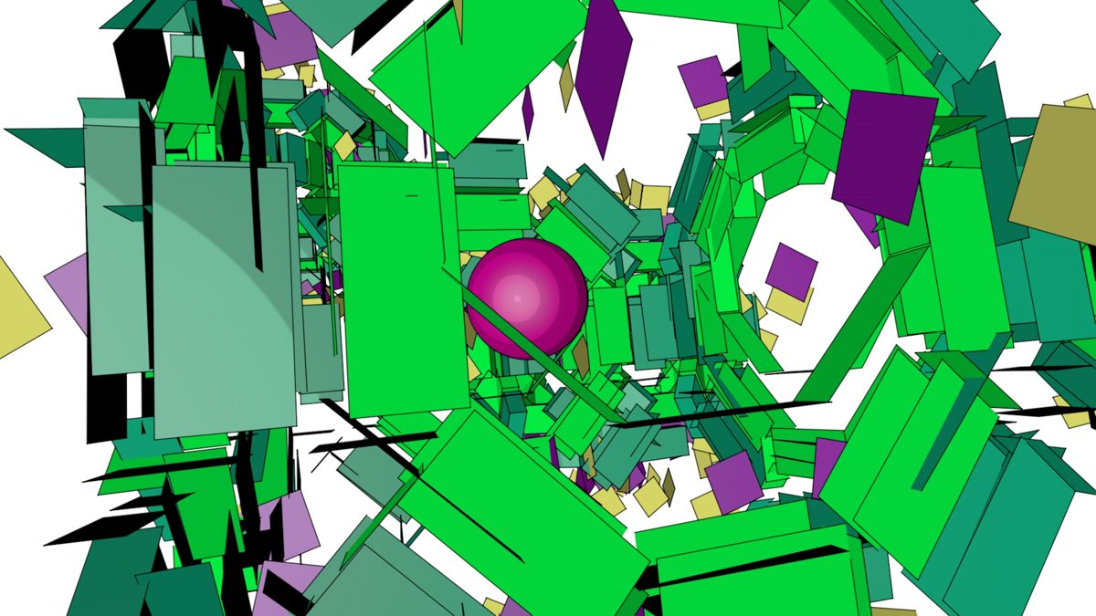 3D render: green and violet angular panels around a magenta sphere