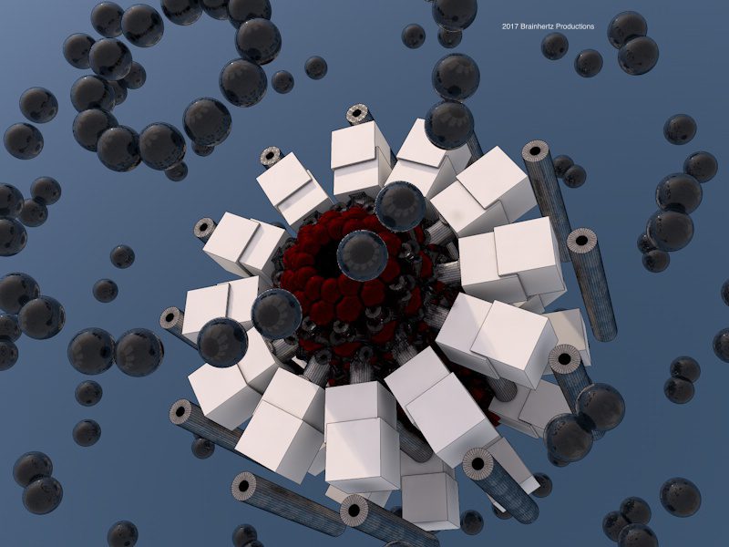 3D render: white cubes radiating from a dark red core
