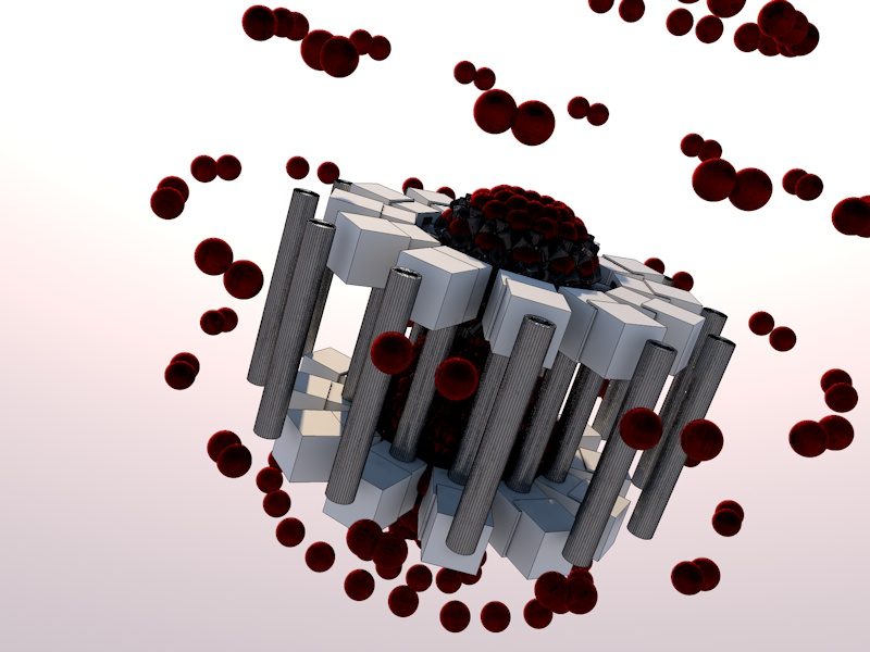 3D render: white pillars around a red core